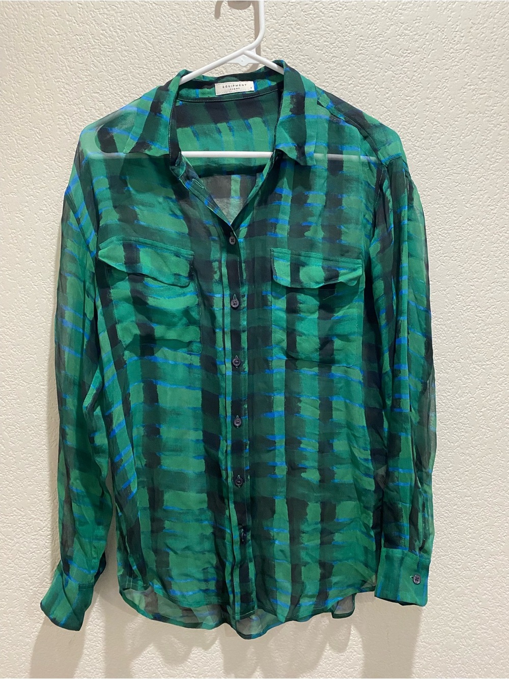 Equipment Green Blue Plaid Sheer Button-Down Blouse 100% Silk Small